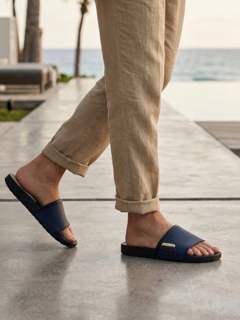 Prada Men's Navy Leather Slide Sandals